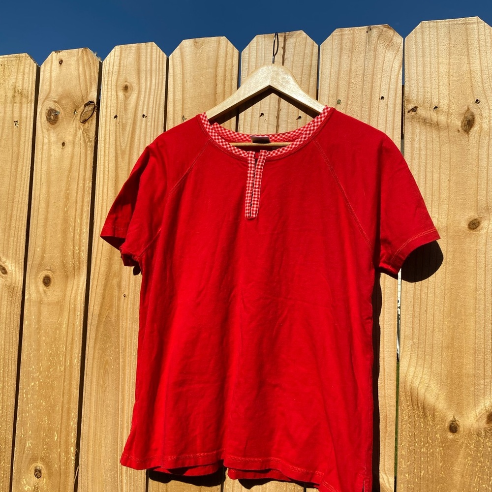 Vintage Y2K size Large Red & White Short Sleeve T Shirt Gingham Trim